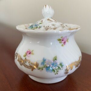 Carlsbad Austria Vintage Porcelain Jar w/Matching Lid Beautiful Floral Sprays
